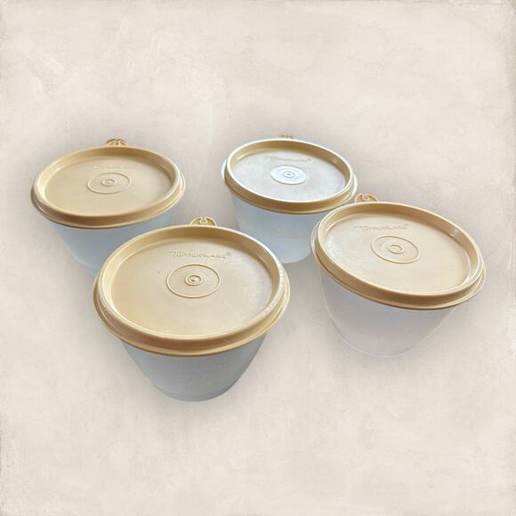 Tupperware Round Storage Container Sheer Tan Lid Vintage Set of 4 - Picture 1 of 4